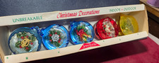 VINTAGE ORIGINAL BOX SET (5) JEWELBRITE UNBREAKABLE DIORAMA CHRISTMAS BALLS NR picture