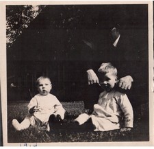 Vintage B&W Snapshot Two Young Boys Father Posing Outdoors Garden Portrait 1914 picture