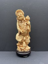 Vintage Asian Style Resin Figurine Man Squirrel Faux Ivory Tone 9.5” Wood Base picture