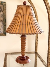 Vintage Mid Century Turned Wood Table Lamp w/ Bamboo Shade Rare Accent Light picture
