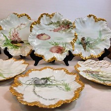Limoges France A Lanternier Set of 6 Antique Porcelain Seafood Plates Gold Gilt picture