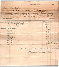 1914 Willimantic CT Lyman Maine & Son Painting Paper Hanging Bill Invoice picture
