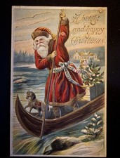Rare~ Santa Claus in Canoe~Boat~w/ Toys~Vintage Antique Christmas Postcard~s995 picture