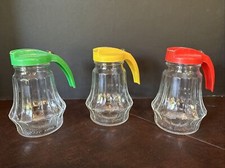3 Vintage Federal Tool Corp Restaurant Glass Yellow/Green/Red SYRUP Dispensers picture