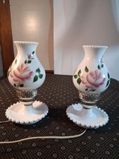 2 VTG Milk Glass Hand Painted Boudoir Bed Side Table Lamps Pink Roses Floral picture