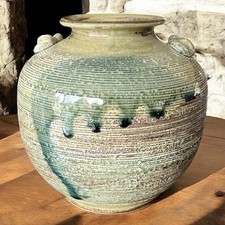 Japanese Green Vase Drip Glaze Art Pottery Shigaraki Handmade Jar Pot VTG 7.5”T picture