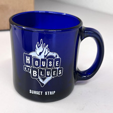 RARE VTG House of Blues Sunset Strip Blue Glass Logo Coffee Mug Cup EUC picture