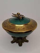 Vintage Sabra Brand Israeli Brass & Turquoise Enamel Lidded Bowl Leaf Finial picture