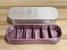 2 Pc Quilted Pink/Ivory Satin Vanity Box Gloves Hankie Hosiery Scarf Vintage MCM picture