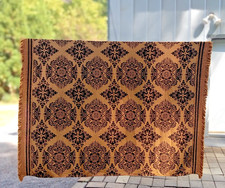 60s 70s Sears Bedspread Woven Damask Mustard Gold Black Fringe 85x108 Retro picture