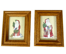 2 artist signed DEBBIE YACKLEY Santa prints oak framed 1993 Christmas Decor mini picture