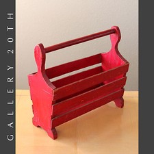 ADORABLE MID CENTURY WOOD MAGAZINE RACK DISTRESSED RED 60S VINTAGE SHABBY CHIC picture