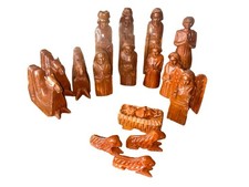 Vtg 17 Piece Mahogany Wood Carved Christmas Nativity Set Folk Art Figurines picture