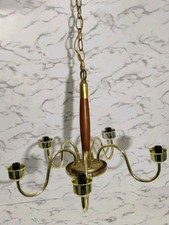 Danish Mid Century Modern Teak Wood and Brass 5-Arm Electric Chandelier Vtg Mcm picture