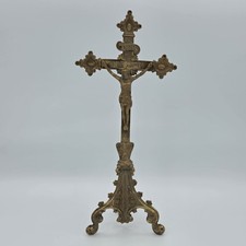 VTG FRENCH ALTAR CRUCIFIX GOTHIC REVIVAL BRASS TRIPOD BASE CATHOLIC 19c ANTIQUE  picture