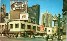 Postcard Chicago Walgreens Drug Store Bus Depot Marshall Field Clock 1960s V214 picture
