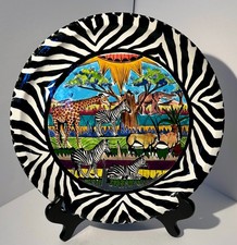 Vintage Penzo Pottery Hand-Painted Charger Plate Africa Zebra Giraffe Antelope picture