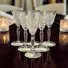 Vintage Morgantown Carlton Etched Crystal Clear Stem Cordials Set Of 6 EC picture