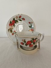 Vintage 1983 Teleflora Strawberry Teacup And Saucer Set With Gold Trim picture