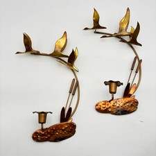 VINTAGE MCM Geese Flying Over Pond Brass Metal Wood Candle Stick Holders Wall picture