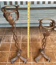 Pair Vintage Ornate Metal Floor Hurricane Candle Holders Acanthus Leaf Design picture