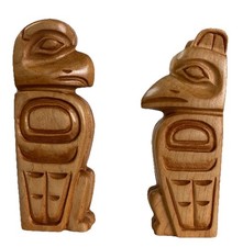Vintage Northwest Coast Indigenous Wood Cedar? Carvings Raven Eagle Faded Sig. picture