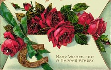 Many Wishes for a Happy Birthday Roses Embossed Postcard Posted Vintage picture