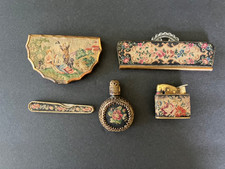VINTAGE 30's/40's PETIT POINT VANITY SET EVANS LIGHTER-PERFUME-COMB-FILE-COMPACT picture