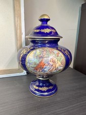 Keramos Italy Cobalt Blue Porcelain Urn Bowl Hand‑Painted Gold Detail Vintage picture