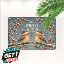 Two Winter Songbirds Holiday Poster Christmas Nature Tin Metal Wall Plaque picture
