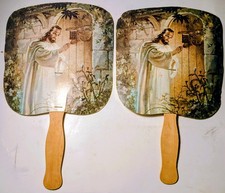 VTG. Church Hand Paddle Fan Jesus At Door Wood Handle Cardboard 1980's (2x) picture