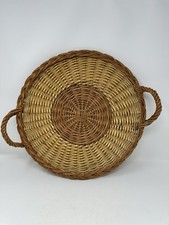VTG Hand-Woven Wicker Tray With Handles Two-Tone MCM Boho picture