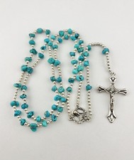Vintage Navajo Sterling Silver Sleeping Beauty Turquoise Pearls Crucifix Rosary picture