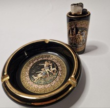 Vintage Greek “Special Fintias” Ashtray & Table Lighter Set– Handmade w 24K Gold picture