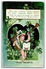 Brainerd MN Postcard St. Patrick's Day Boy With Trumpet Harp Shamrock 1908 picture