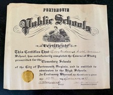 1937 Portsmouth VA Public Schools Certificate Sixth Avenue School Virginia picture