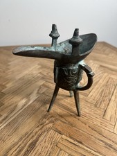 Vtg Rare Chinese Style Bronze Jue Ritual Wine Vessel 3 Leg Tripod Green Patina picture