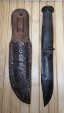 WW2 US KA-BAR MK1 Utility Knife With Leather Sheath Navy USS NAOS 1943 KABAR picture