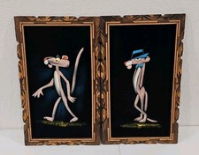 Rare Hanna Barbera Pink Panther Mexico Pair Framed Black Velvet Painting 22”x13” picture