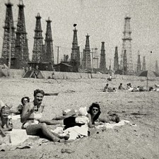 Vintage Snapshot Photograph Oil Derricks Sunbathing Huntington Beach CA Odd picture