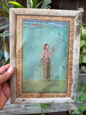 Vintage Indian Miniature Lady Portrait Painting Framed Folk Art Wall Decor 11x8 picture