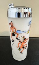 MINT MCM GAY FAD DANCING INDIANS DESIGN ON FEDERAL GLASS COCKTAIL SHAKER C 1950 picture