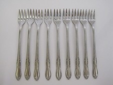 (9) ONEIDA SIMEON L GEORGE H ROGERS HOMESTEAD STAINLESS COCKTAIL SHRIMP FORKS picture