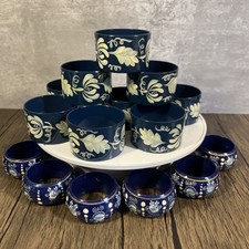 Vtg Blue & Off White Handpainted Wood Lacquer Napkin Rings Set Of 9 & 6 picture