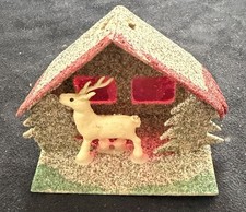 Vintage Christmas Putz Cardboard Mica House Celluloid Reindeer Japan READ picture
