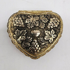 &Vintage Japan Heart Trinket Box Silver Tone Grape Vine Red Lined Jewelry Box picture