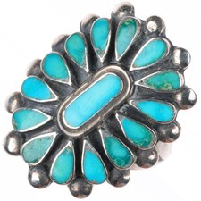 sz8 40's-50's Vintage Zuni sterling silver flush inlay turquoise cluster ring picture