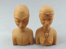 2pc Artisan Tribal Carved Wood Art Man Woman Matching Bust Carvings picture