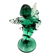 Wilkerson Glass Angel Signature Figurine W/ Harp Spruce Green Black Light Shine picture