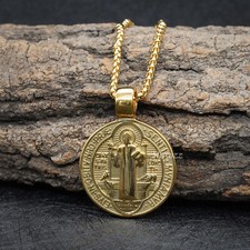 St Saint Benedict Medal Gold Exorcism Pendant Necklace Stainless Steel Gift picture
